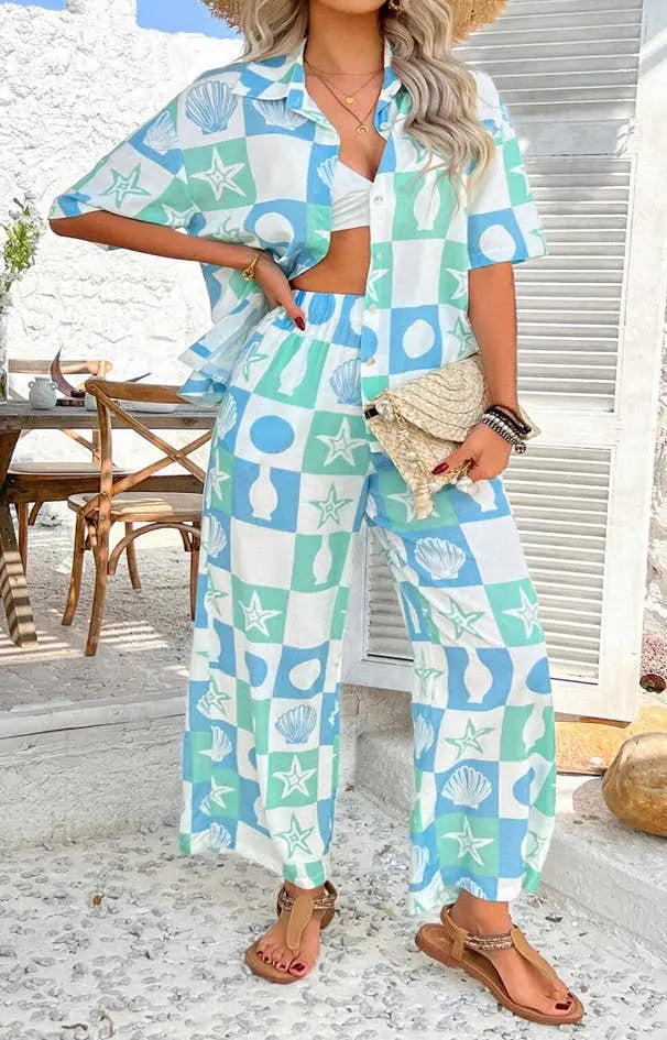 Printed Shirt and Trousers Co-ord Set: Blue The Style Closet