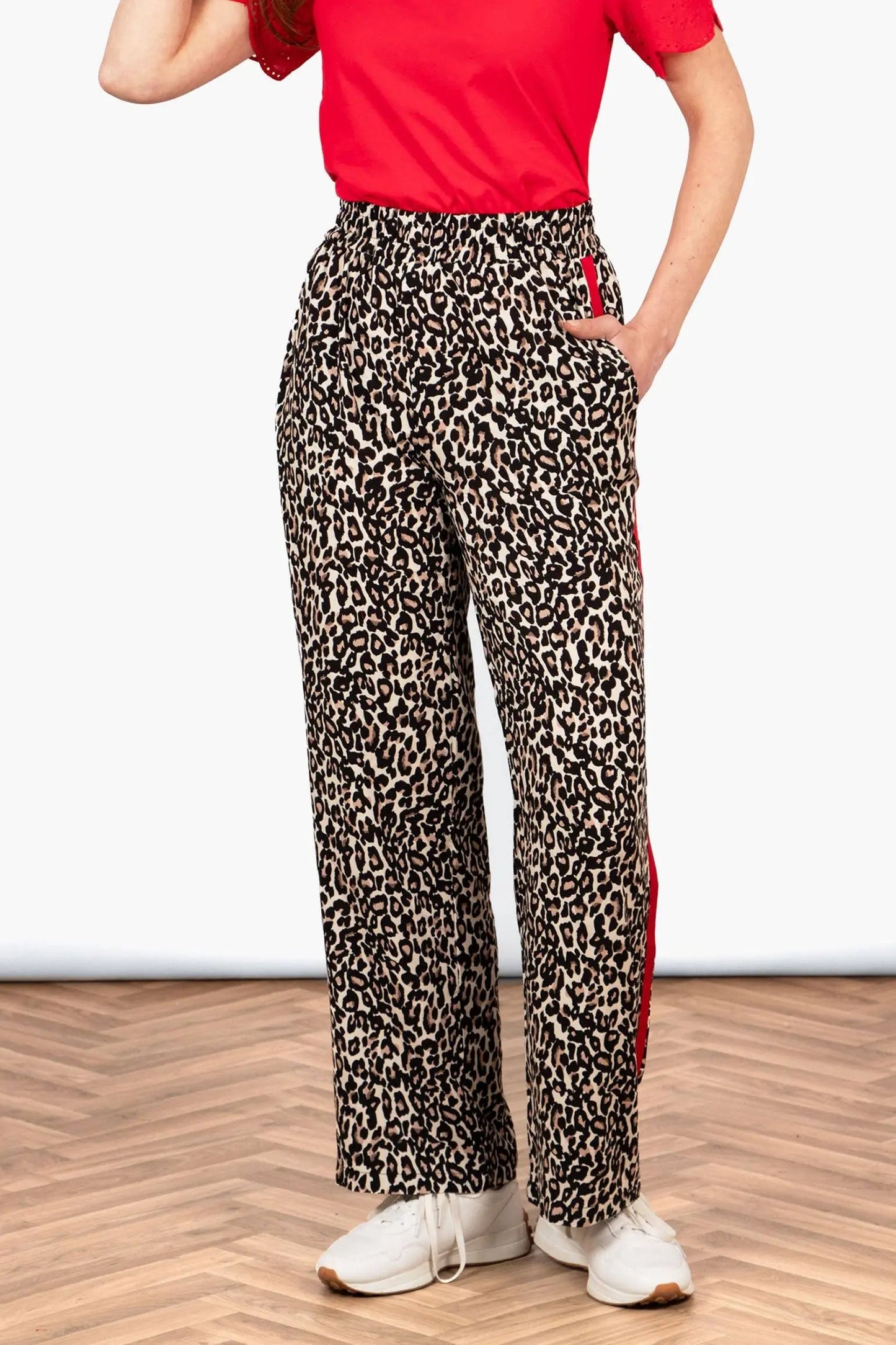 Wide Leg Trouser - Neutral/Red, Leopard Side Stripe The Style Closet