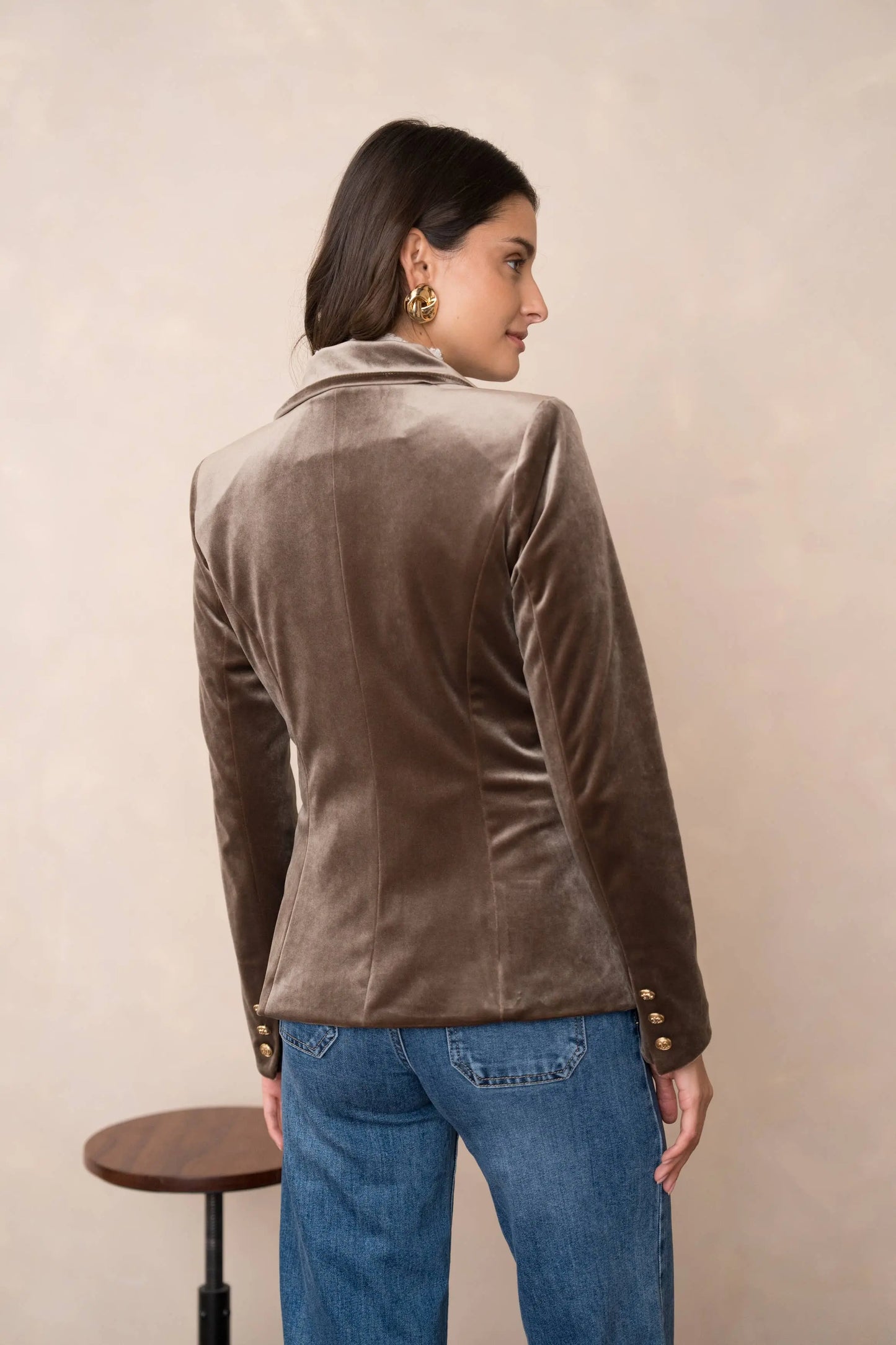 Double-breasted velvet blazer with gold buttons - KHAKI The Style Closet
