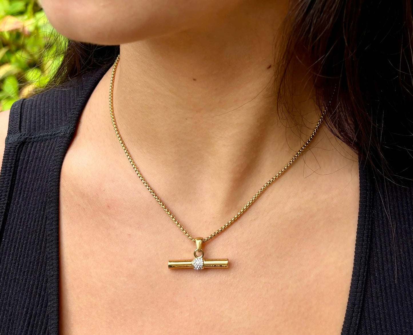 18ct Gold Plated Cubic Zirconia T Bar Necklace The Style Closet