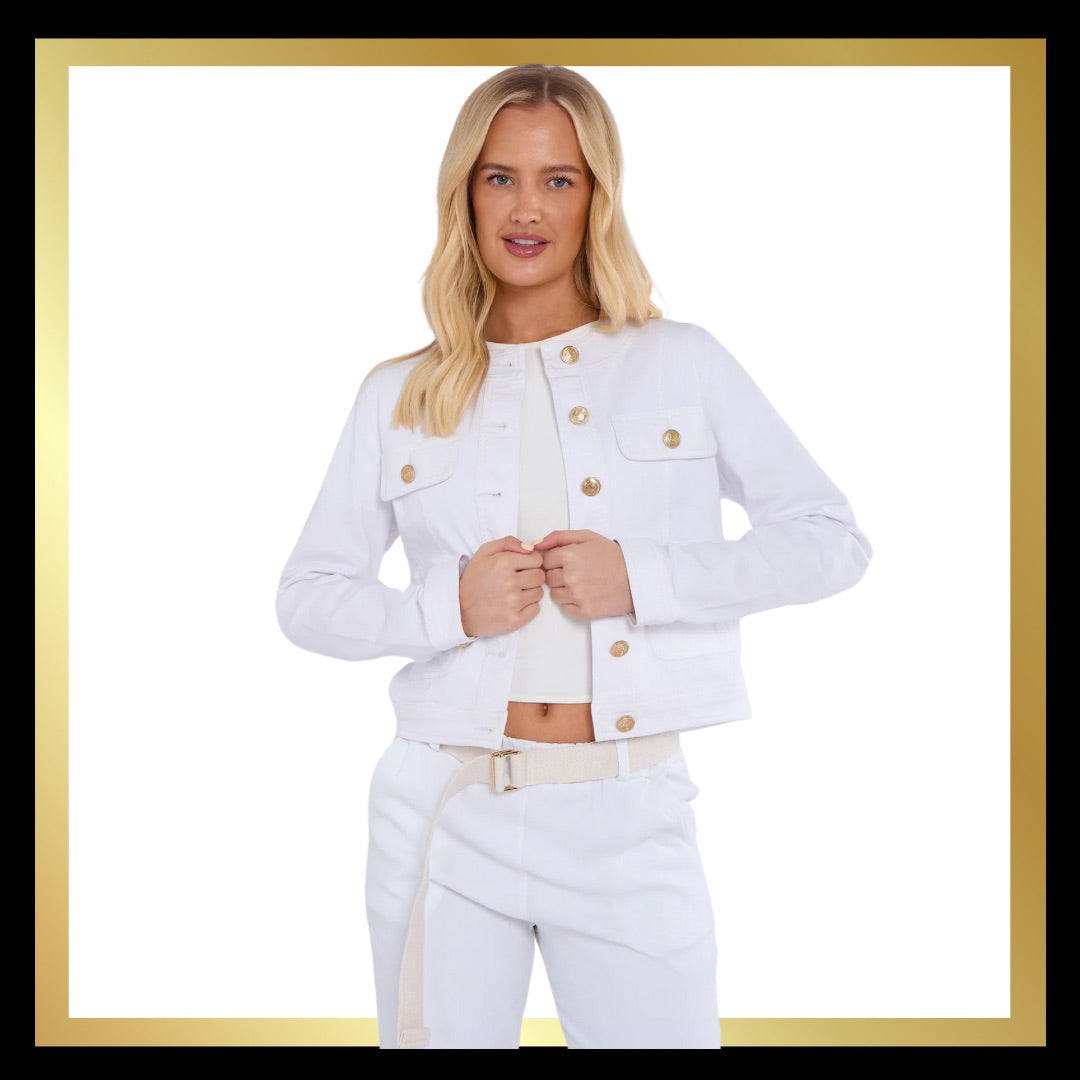 White Collarless Stretch Denim Jacket