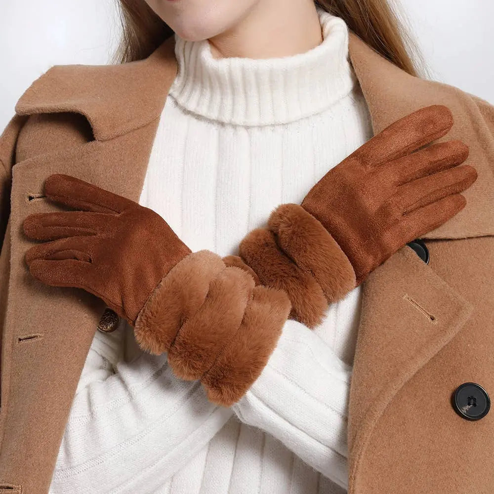 Luxurious Suede and Faux Fur Winter Gloves Tan PEACH ACCESSORIES