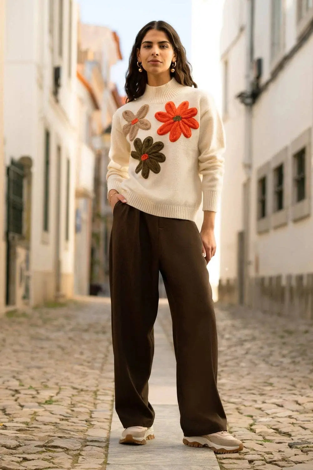 Yumi Ivory Knitted High Neck Jumper With Appliqué Flowers: - The Style Closet
