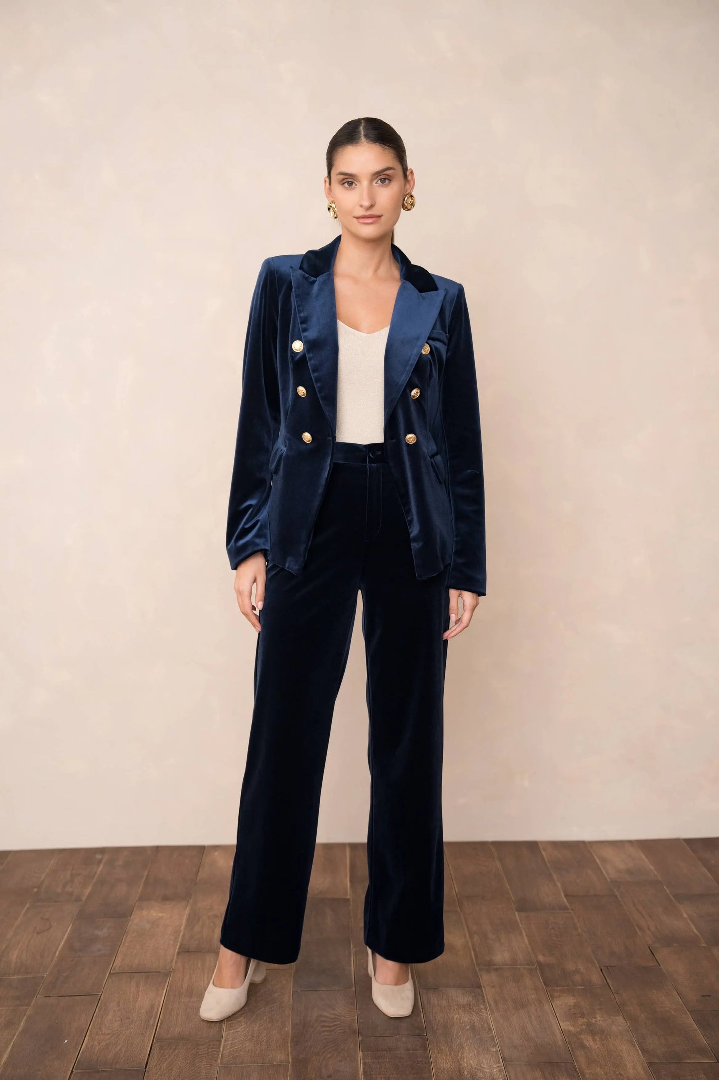 Double-breasted velvet blazer with gold buttons - KHAKI The Style Closet
