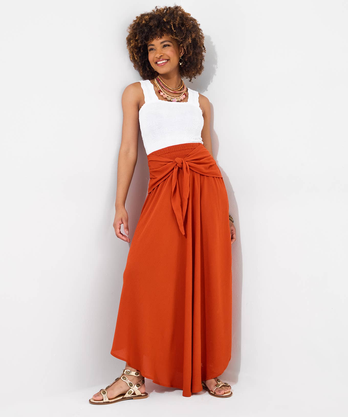 Florrie Tie Front Crinkle Skirt: Orange / 10