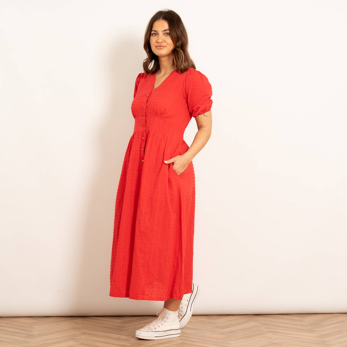 Poppy Cotton Button Down Midi Tea Dress - Red