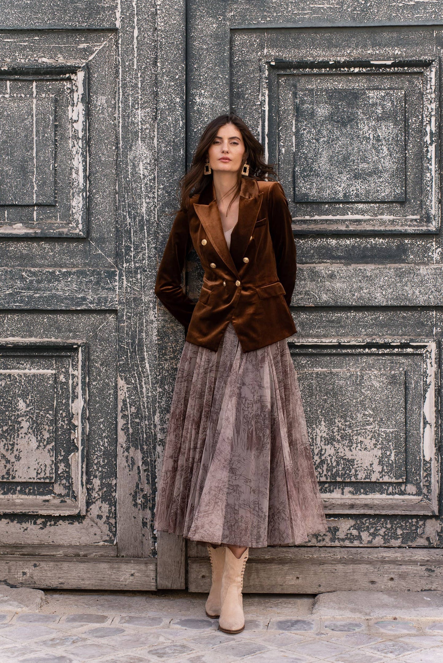 Double-breasted velvet blazer with gold buttons - KHAKI The Style Closet