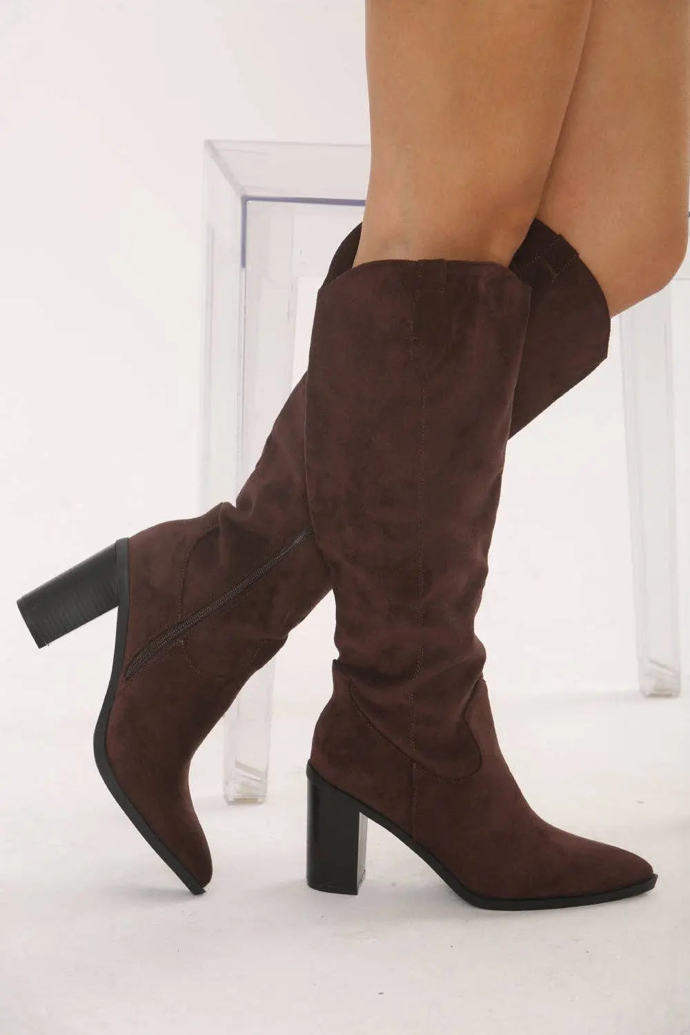 Knee High Brown Suede Cowboy Block Heel Boot: The Style Closet