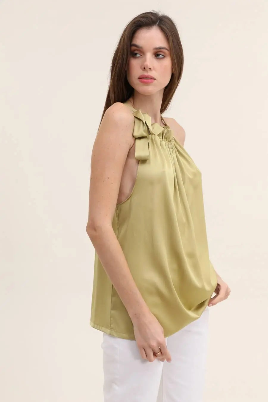 Satin Elisabeth top with bow at the collar -Beige leopard / One size The Style Closet