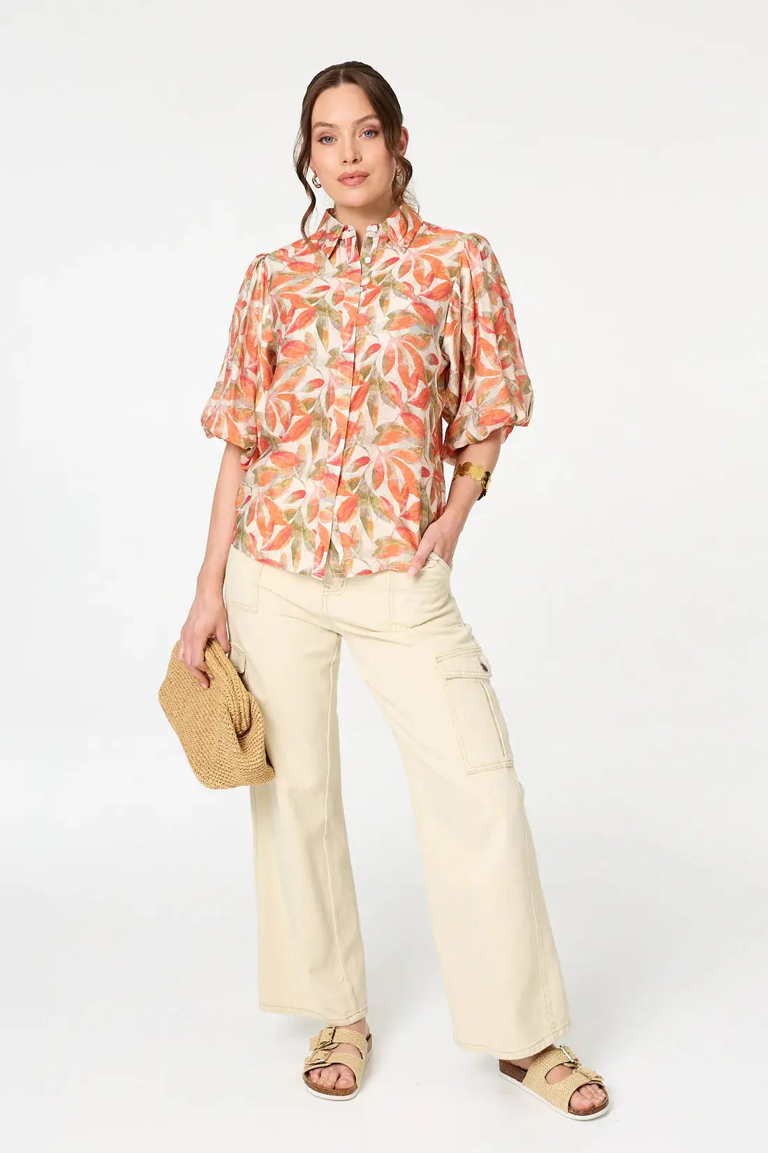 Orange/Khaki Leaf Print Puff Sleeve Shirt The Style Closet