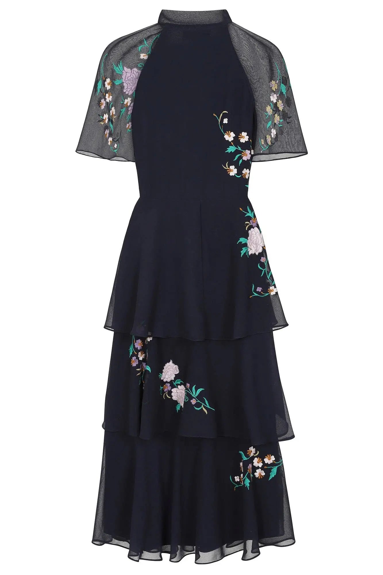 Diantha Navy Floral Embroidered Tiered Midi Dress: 14 / Navy Frock & Frill