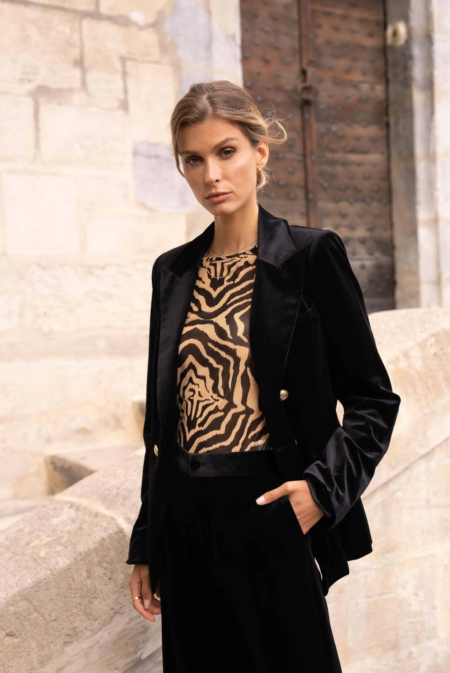 Double-breasted velvet blazer with gold buttons - KHAKI The Style Closet