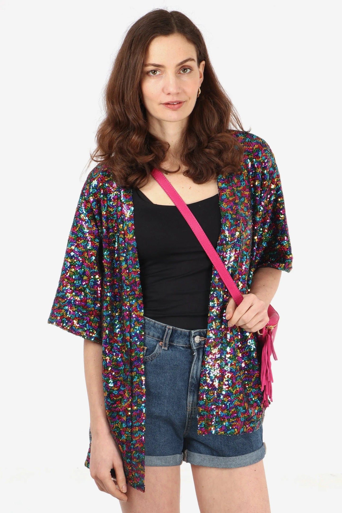 All Over Sequin Short Kimono Jacket in Rainbow: One-size (8-18) The Style Closet
