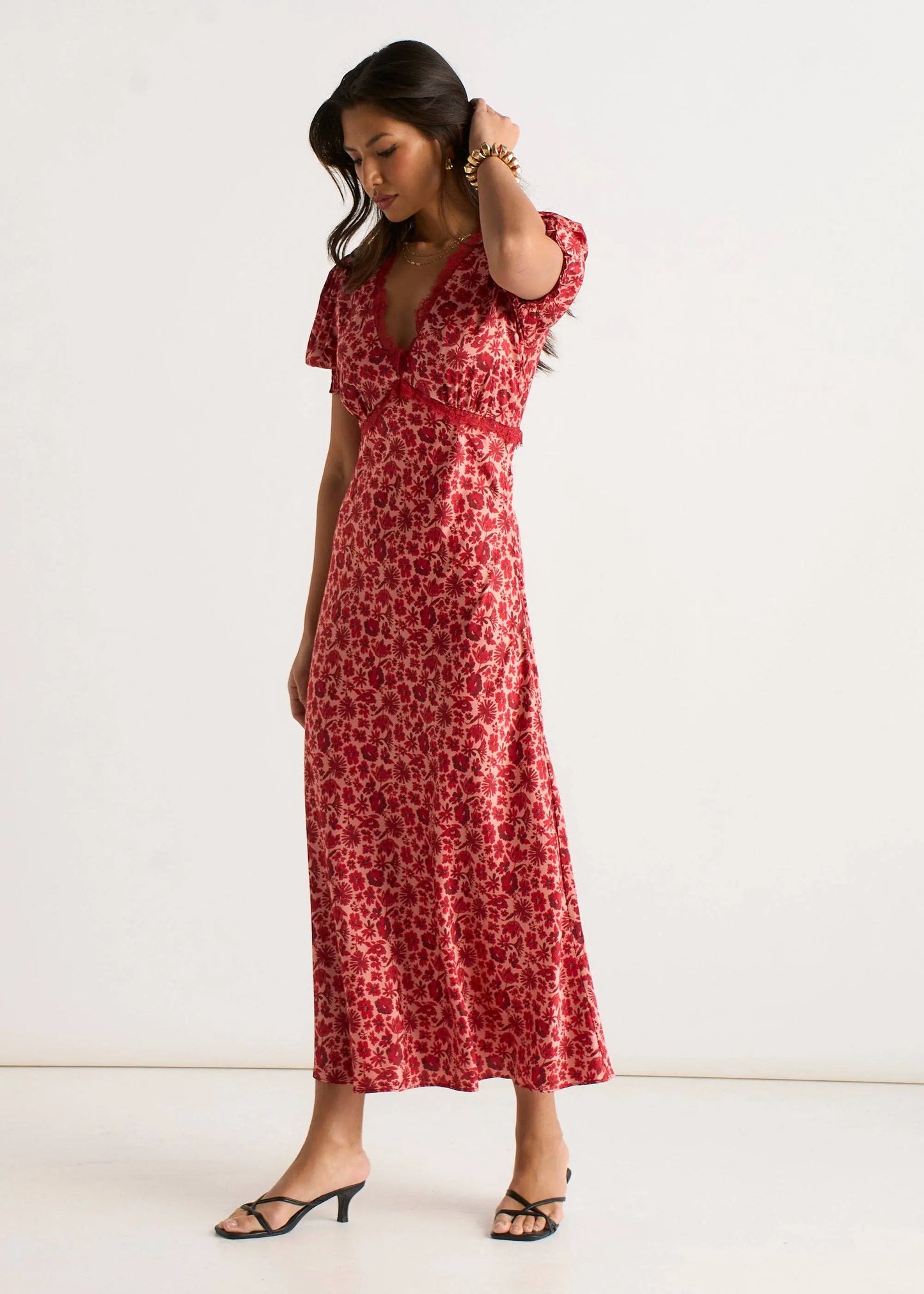 Red Floral Lace Trim V Neck Midi Dress The Style Closet