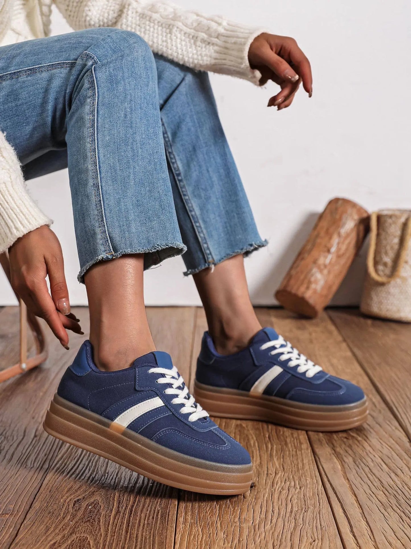 WOMEN'S LACE UP CHUNKY DESIGNER TRAINERS NAVY BLUE The Style Closet