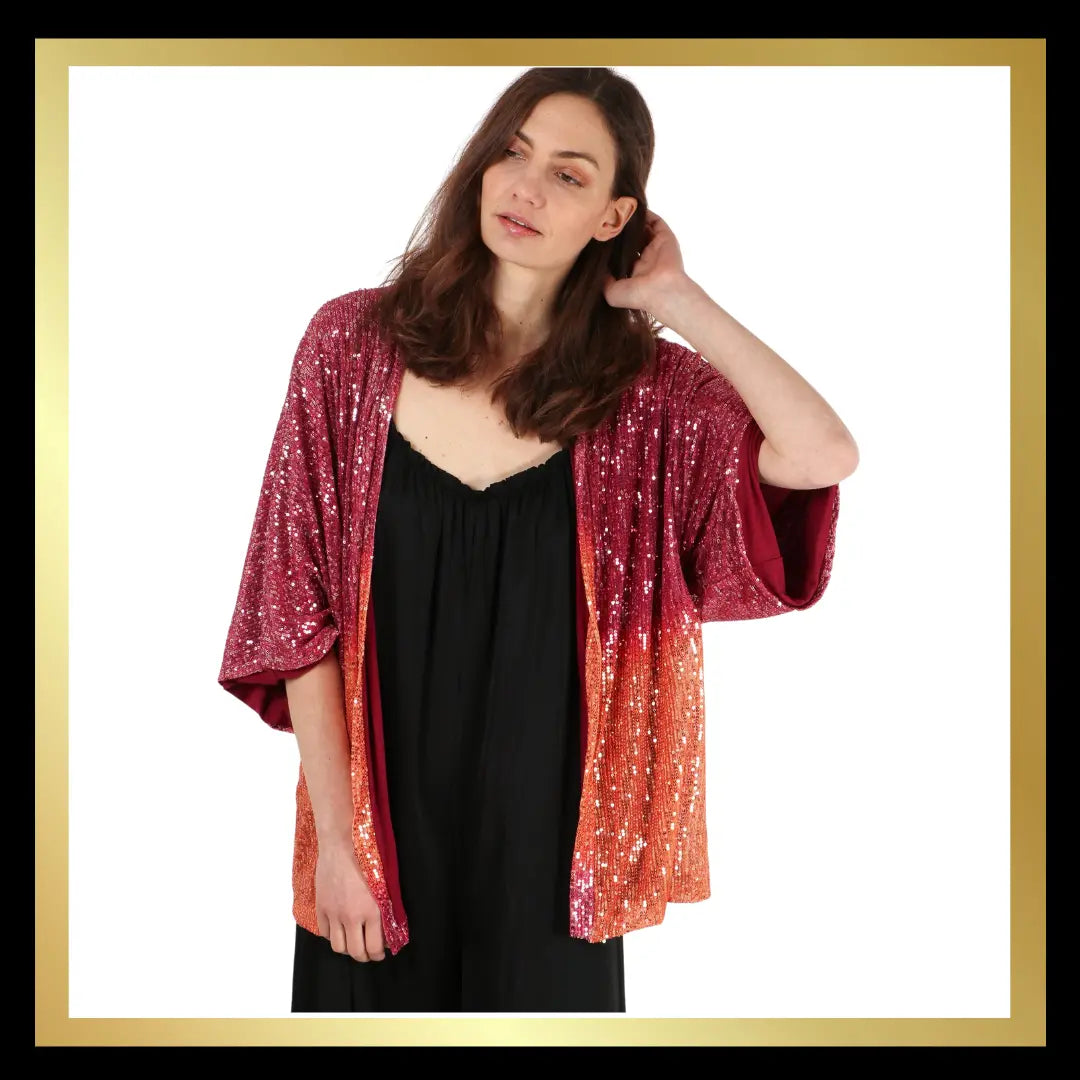 Short Sequin Kimono in Pink Orange Ombre: One-size (8-18) The Style Closet