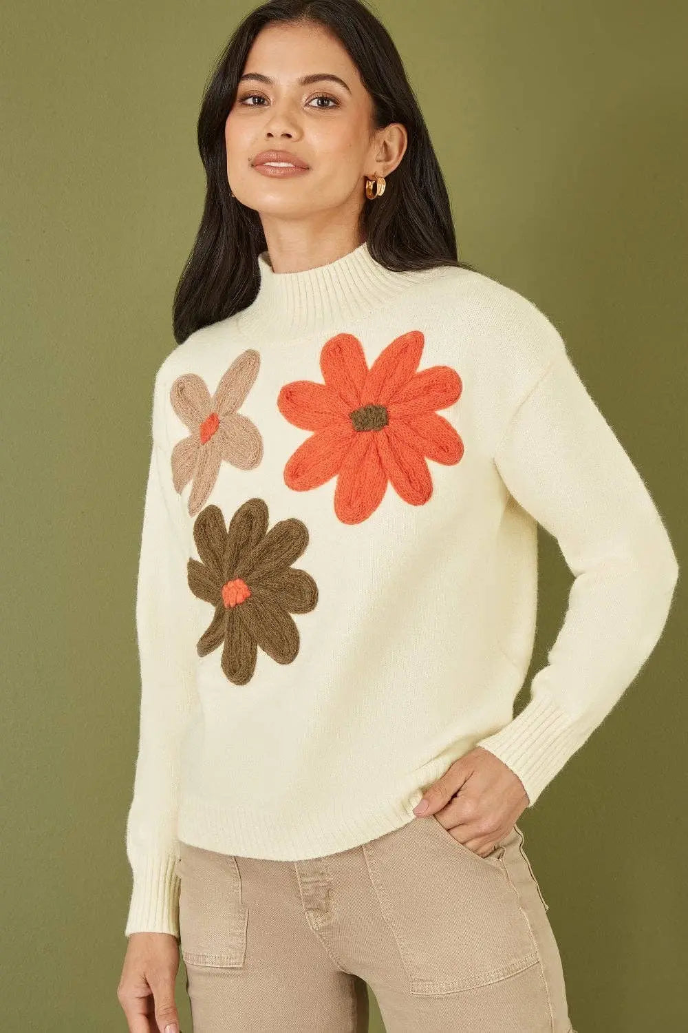 Yumi Ivory Knitted High Neck Jumper With Appliqué Flowers: - The Style Closet
