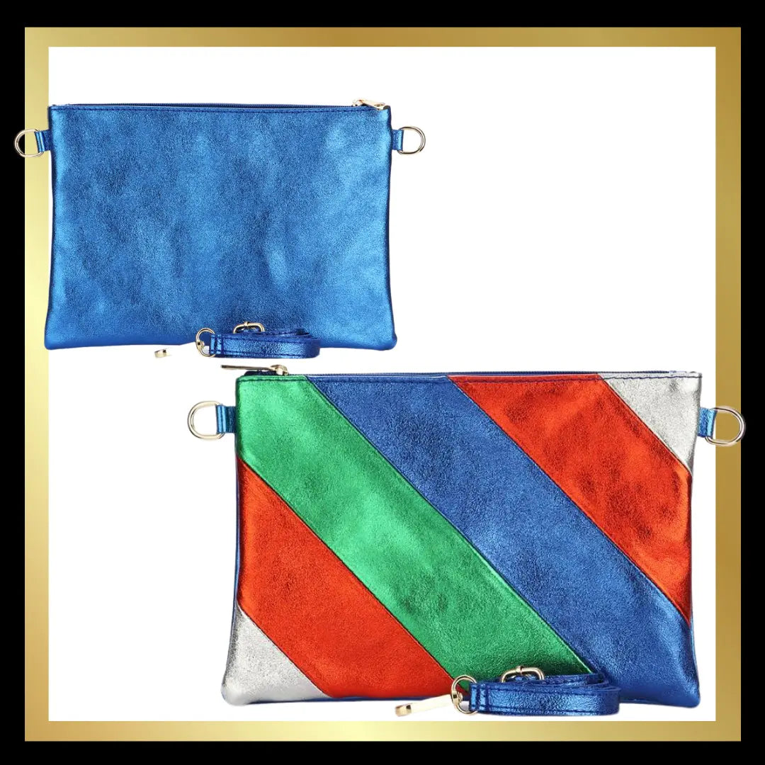 Italian Leather Striped Clutch Bag with Crossbody Strap/wristlet in Multi coloured Rainbow The Style Closet