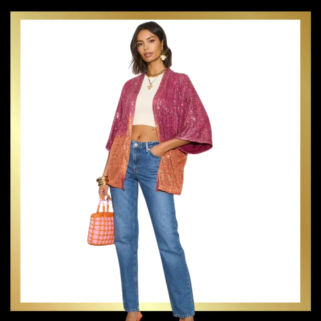 Short Sequin Kimono in Pink Orange Ombre: One-size (8-18) The Style Closet
