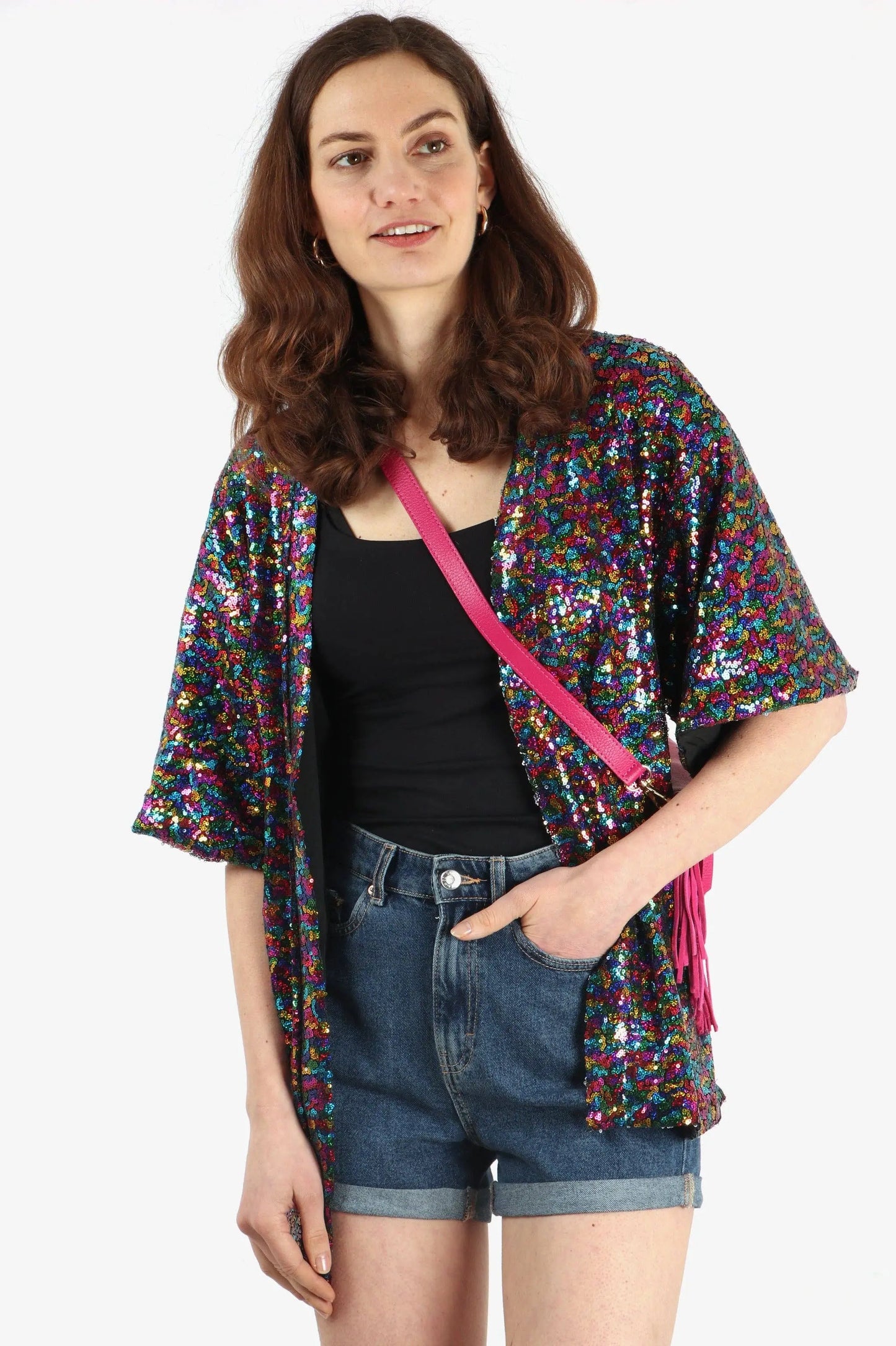 All Over Sequin Short Kimono Jacket in Rainbow: One-size (8-18) The Style Closet