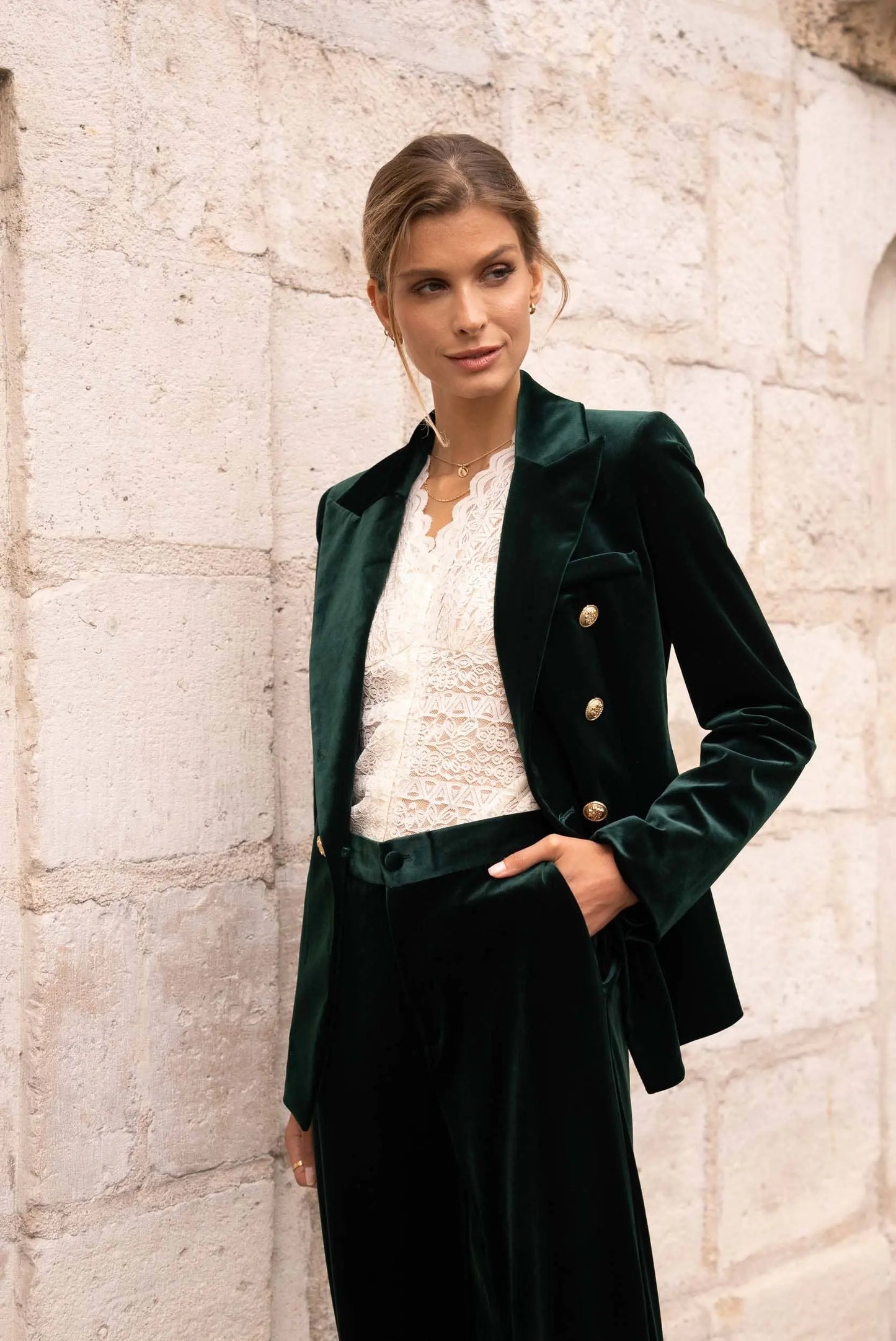Double-breasted velvet blazer with gold buttons Dark Green The Style Closet