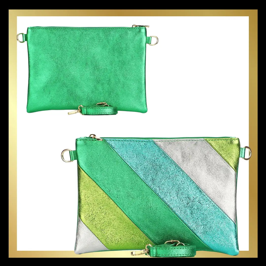 Italian Leather Striped Clutch Bag with Crossbody Strap/wristlet in Multi coloured Rainbow The Style Closet