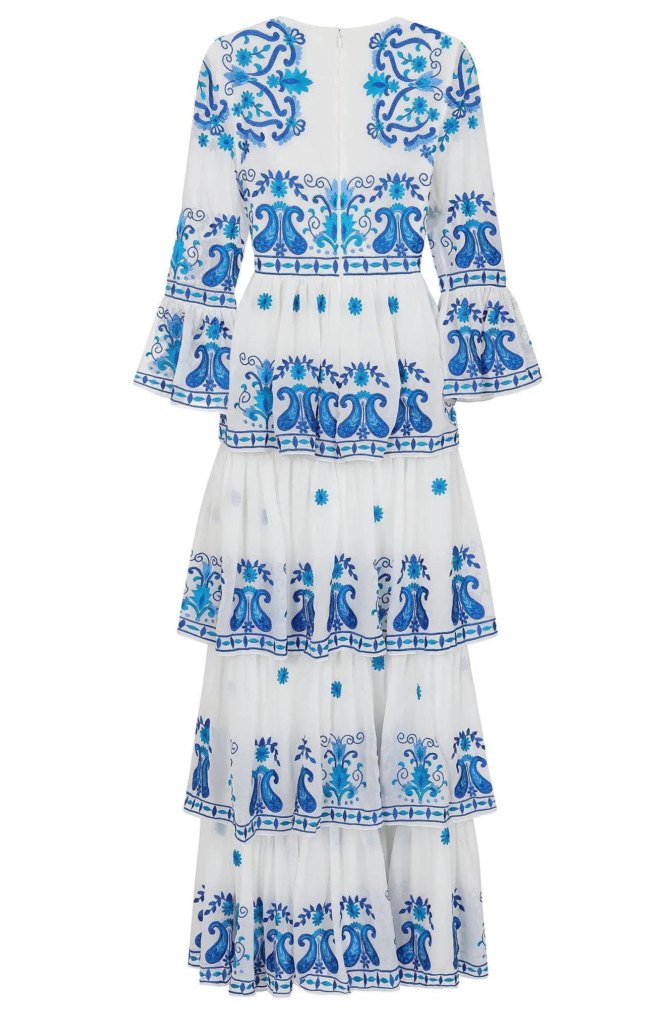 Elodea White and Blue Embroidered Tiered Maxi Dress: 12 / White The Style Closet