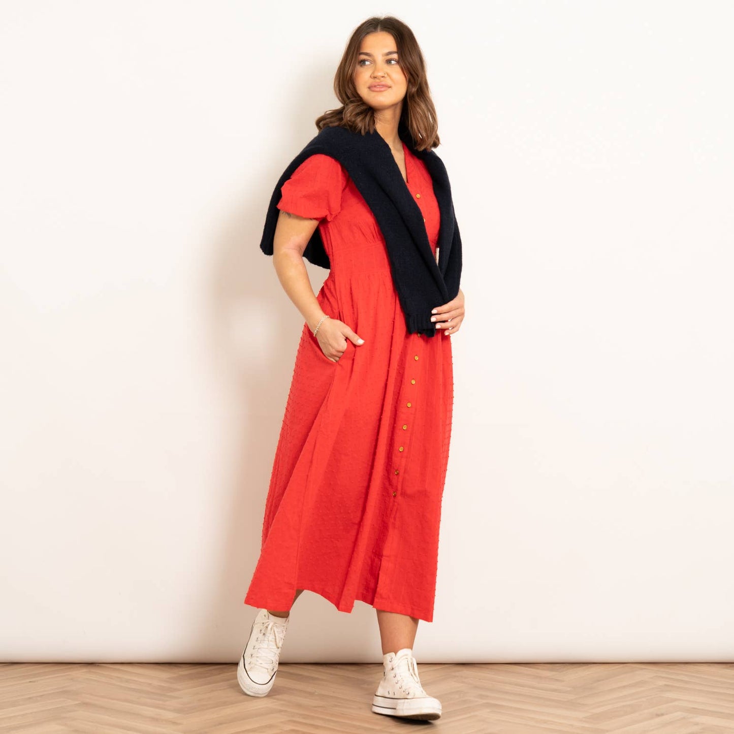 Poppy Cotton Button Down Midi Tea Dress - Red