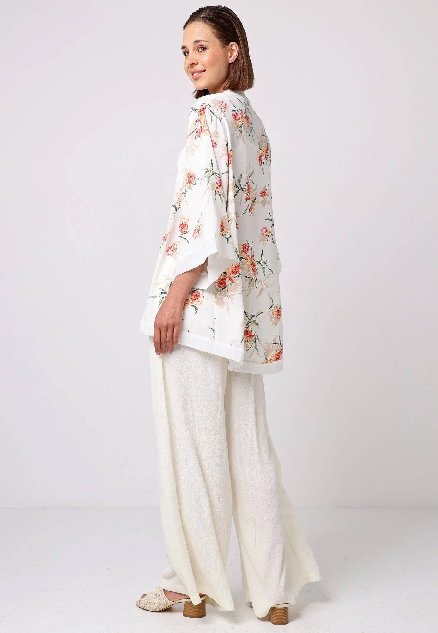 Short Kimono Top in White Floral Print: L The Style Closet