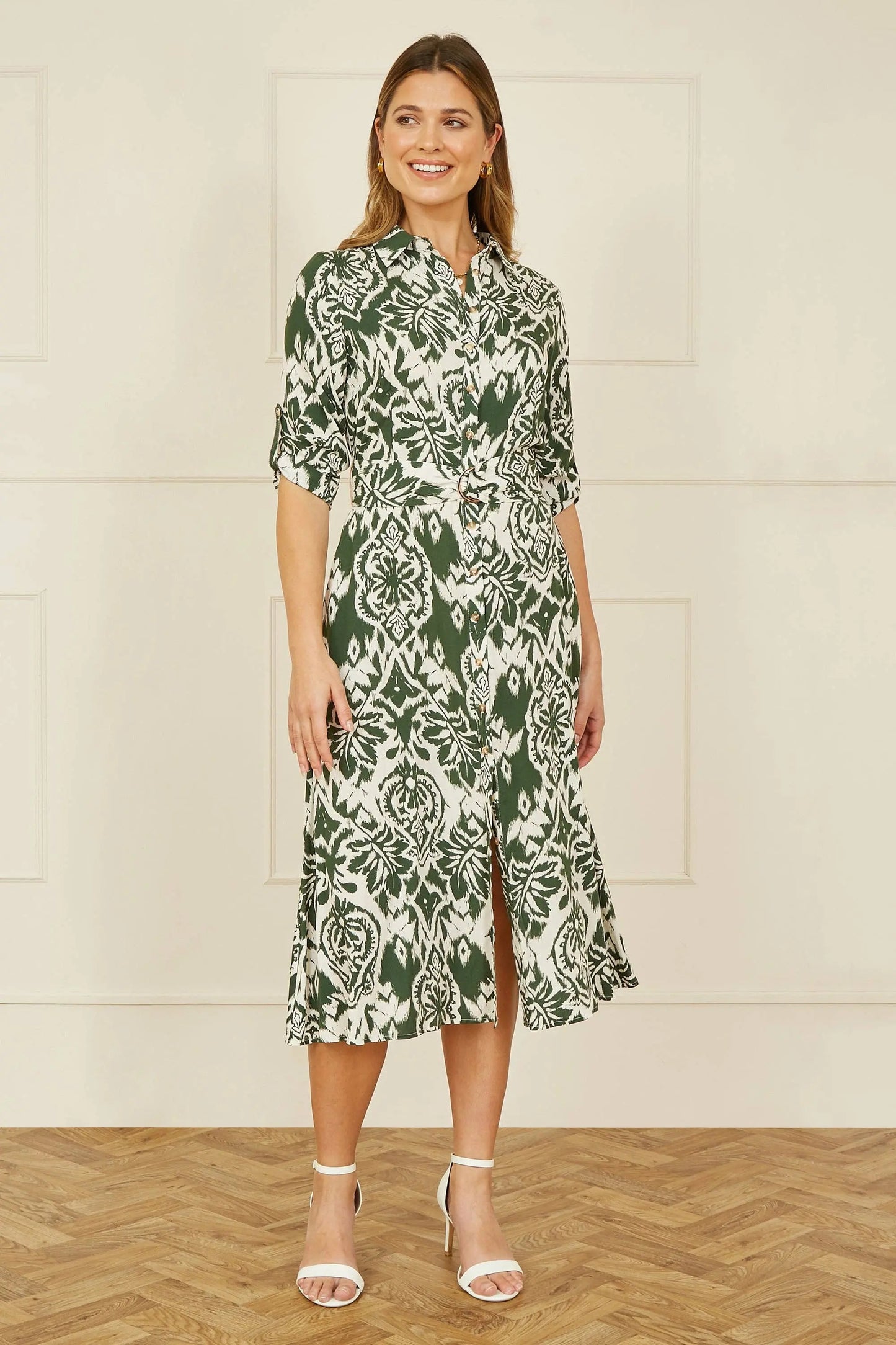 Green Ikat Geo Print Midi Shirt Dress: Green The Style Closet