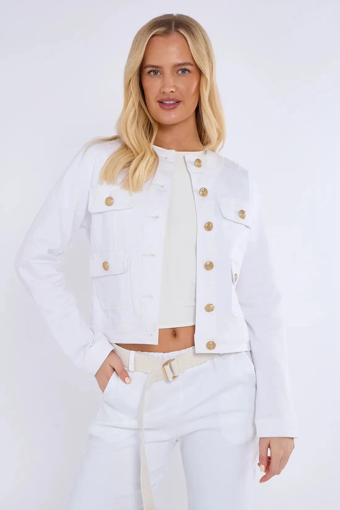 White Collarless Stretch Denim Jacket The Style Closet