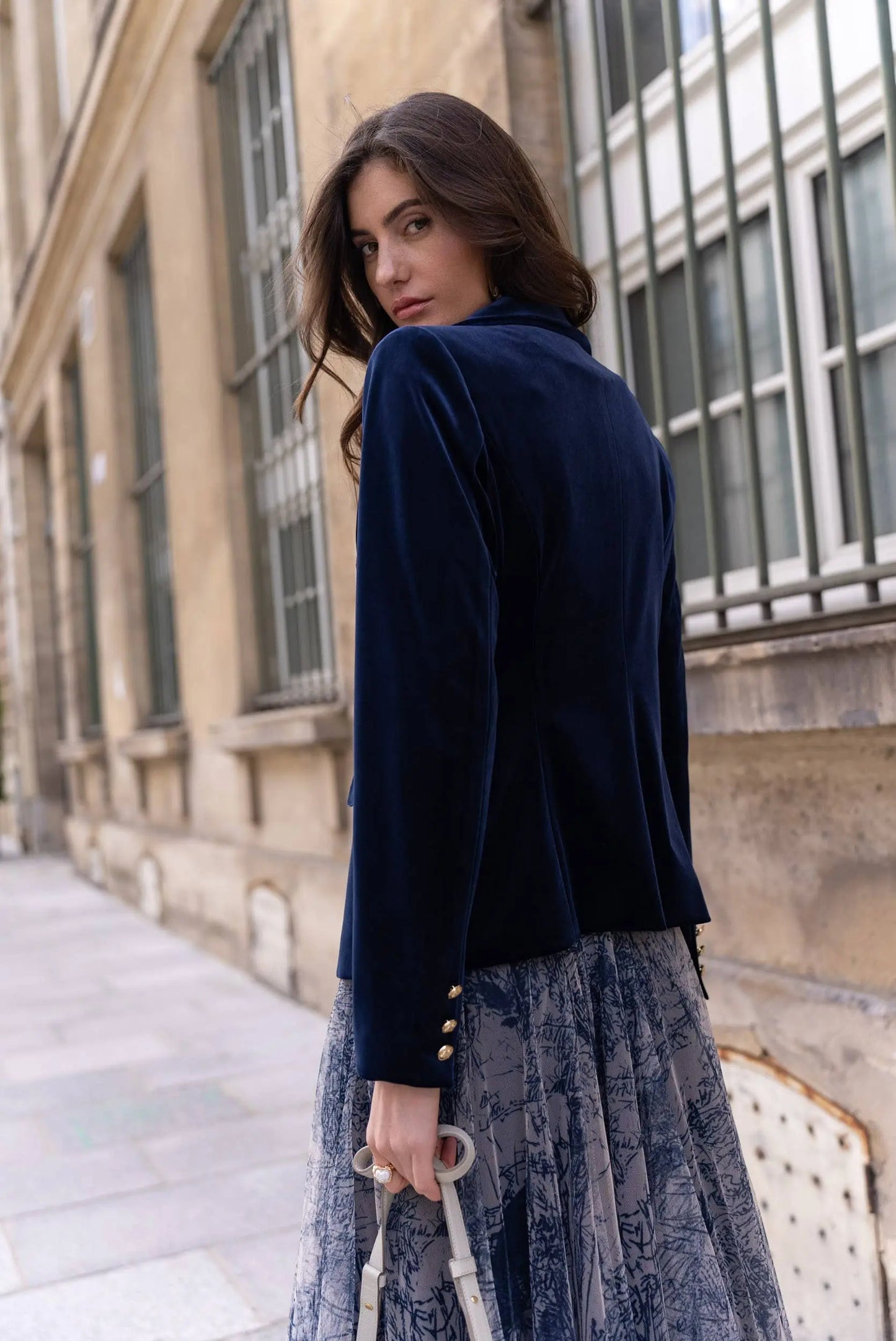 Double-breasted velvet blazer with gold buttons - KHAKI The Style Closet