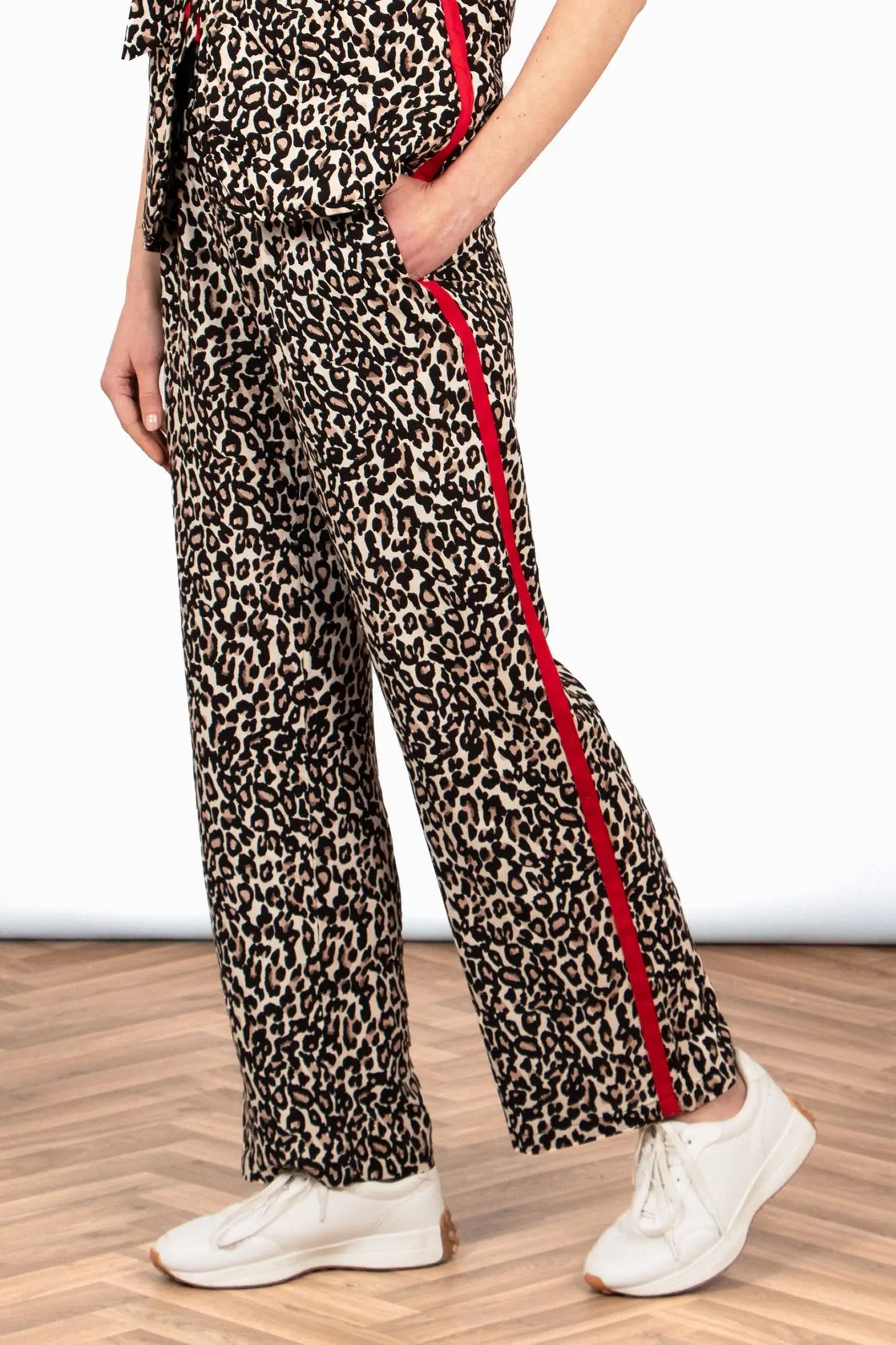 Wide Leg Trouser - Neutral/Red, Leopard Side Stripe The Style Closet