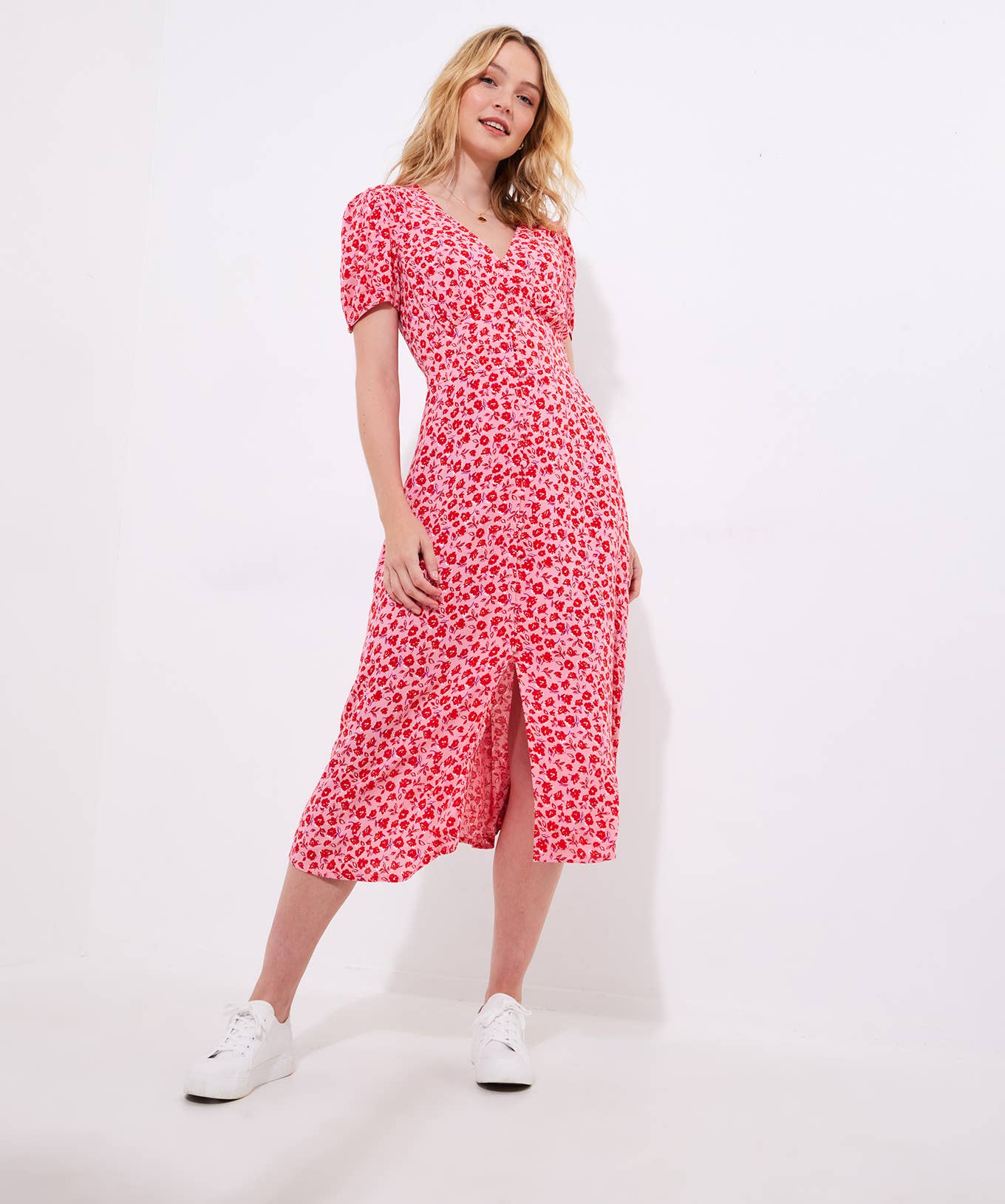 Roses Are Red Floral Printed Midi Dress: Red / 14