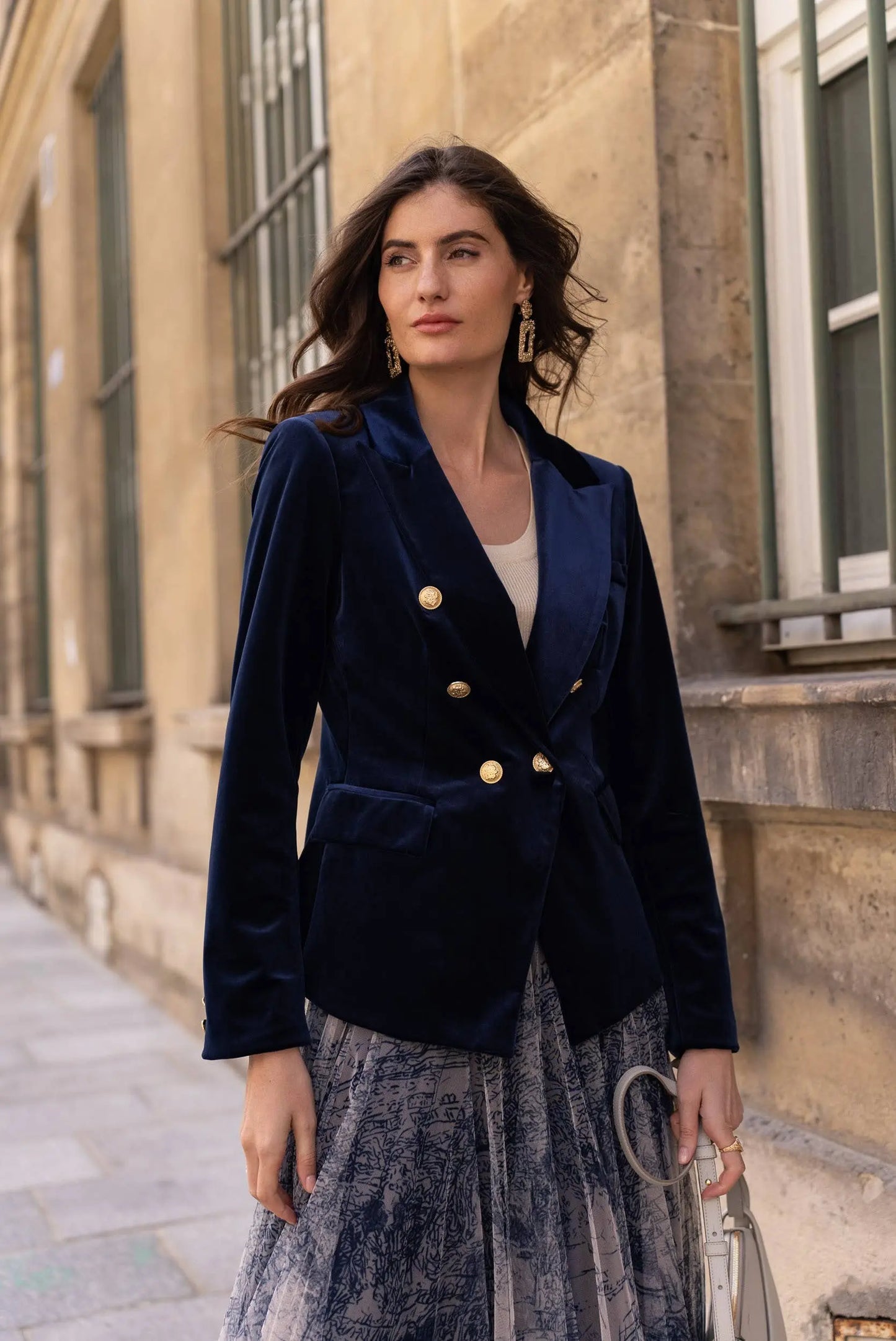 Double-breasted velvet blazer with gold buttons - KHAKI The Style Closet
