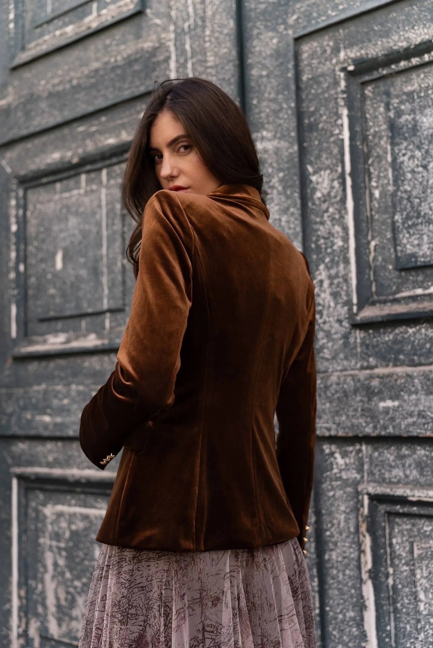 Double-breasted velvet blazer with gold buttons - KHAKI The Style Closet