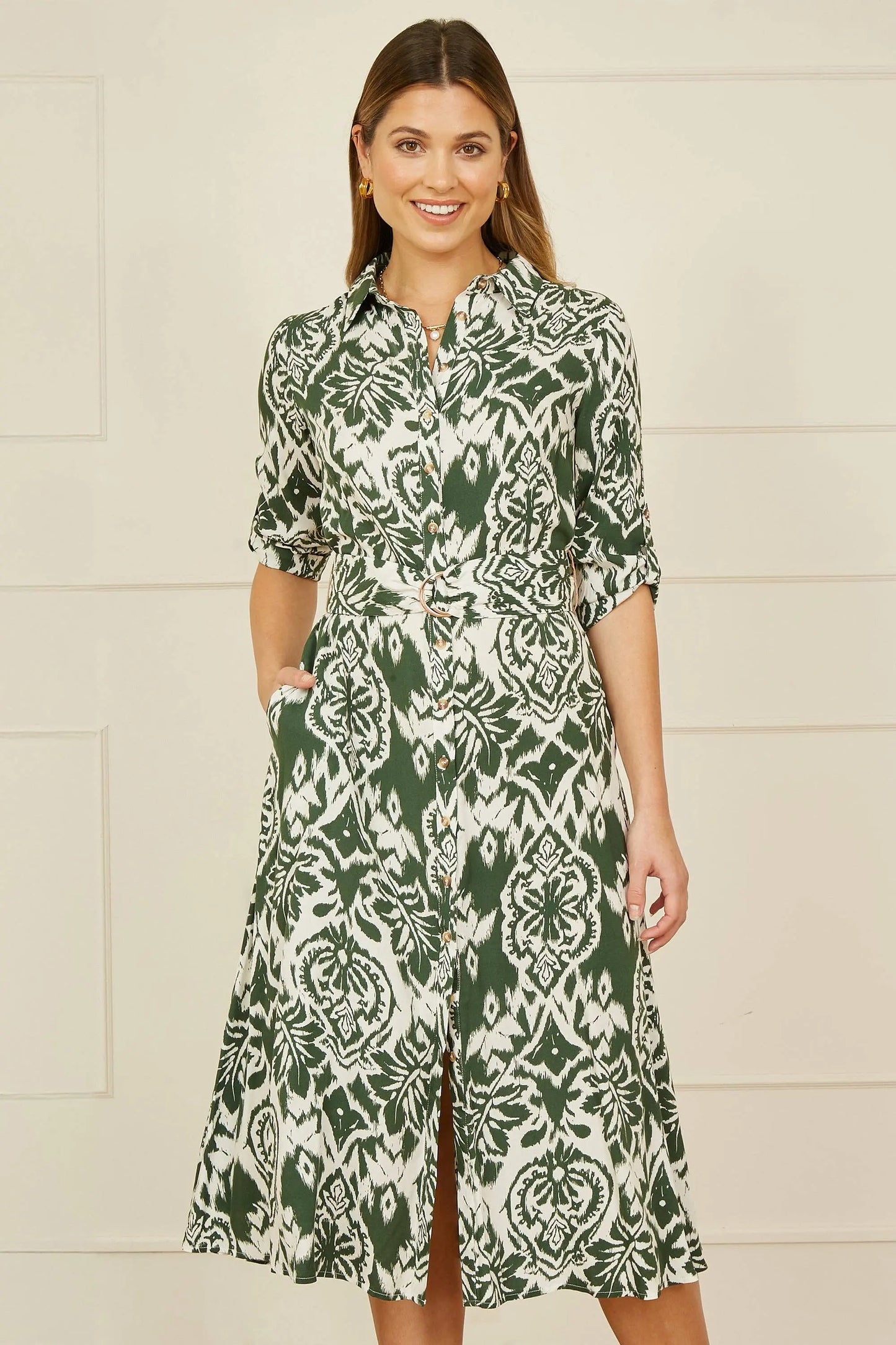 Green Ikat Geo Print Midi Shirt Dress: Green The Style Closet