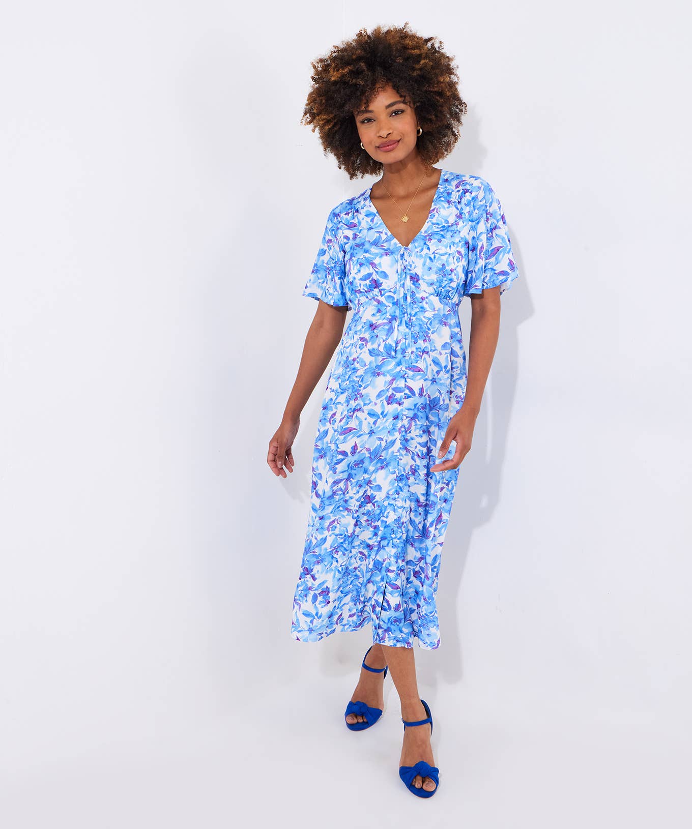 Olivia Floral Printed Midi Dress: Blue