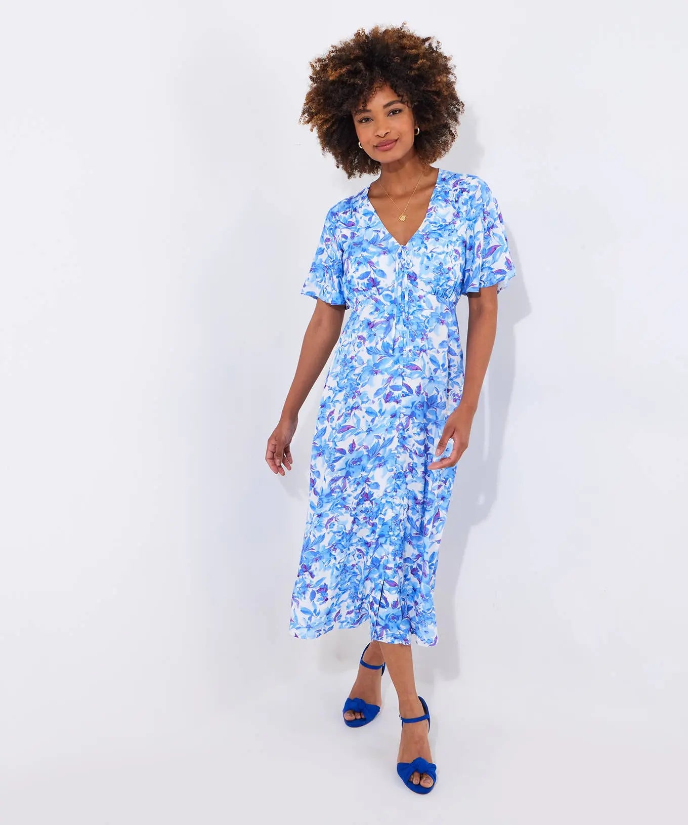 Olivia Floral Printed Midi Dress: Blue The Style Closet