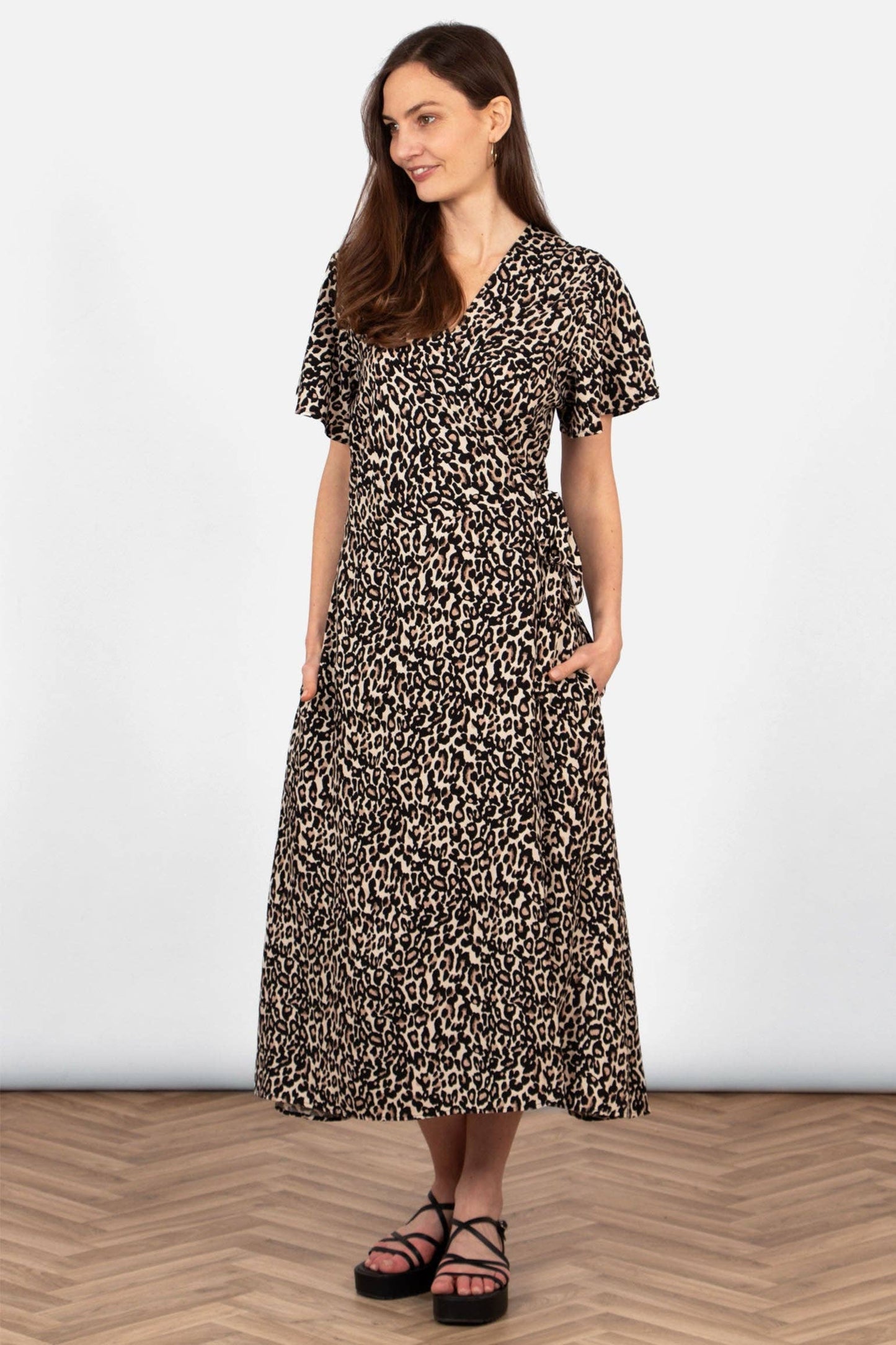 Short Sleeve Wrap Dress - Neutral, Leopard