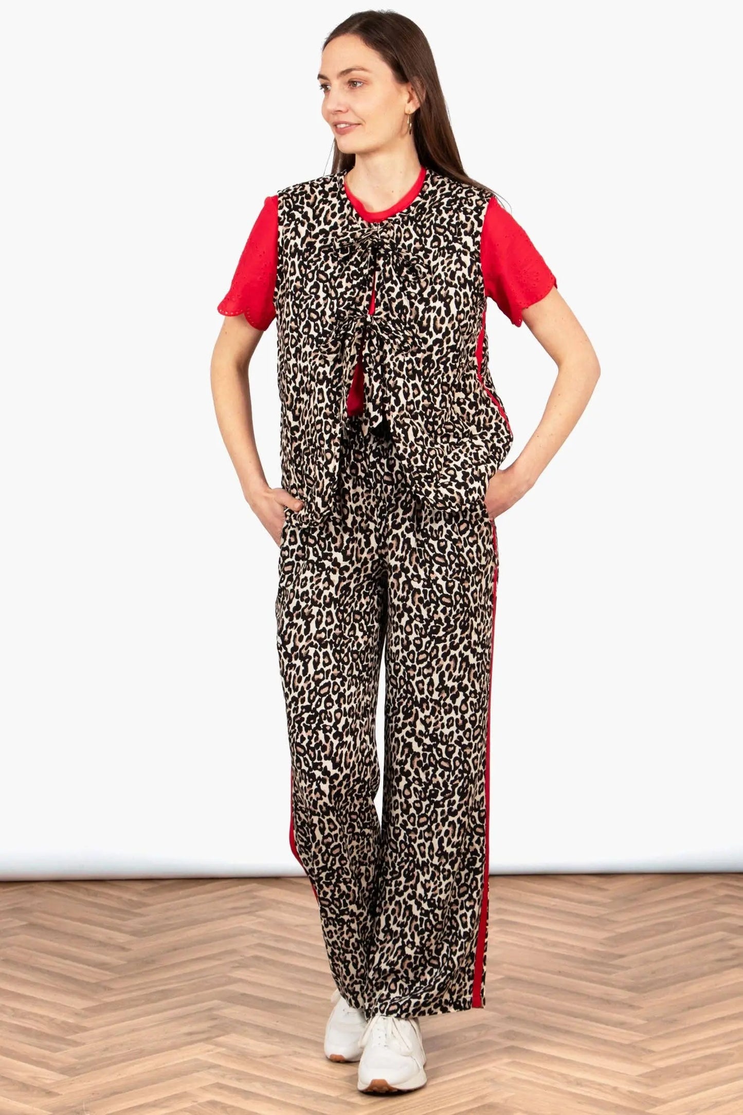 Wide Leg Trouser - Neutral/Red, Leopard Side Stripe The Style Closet