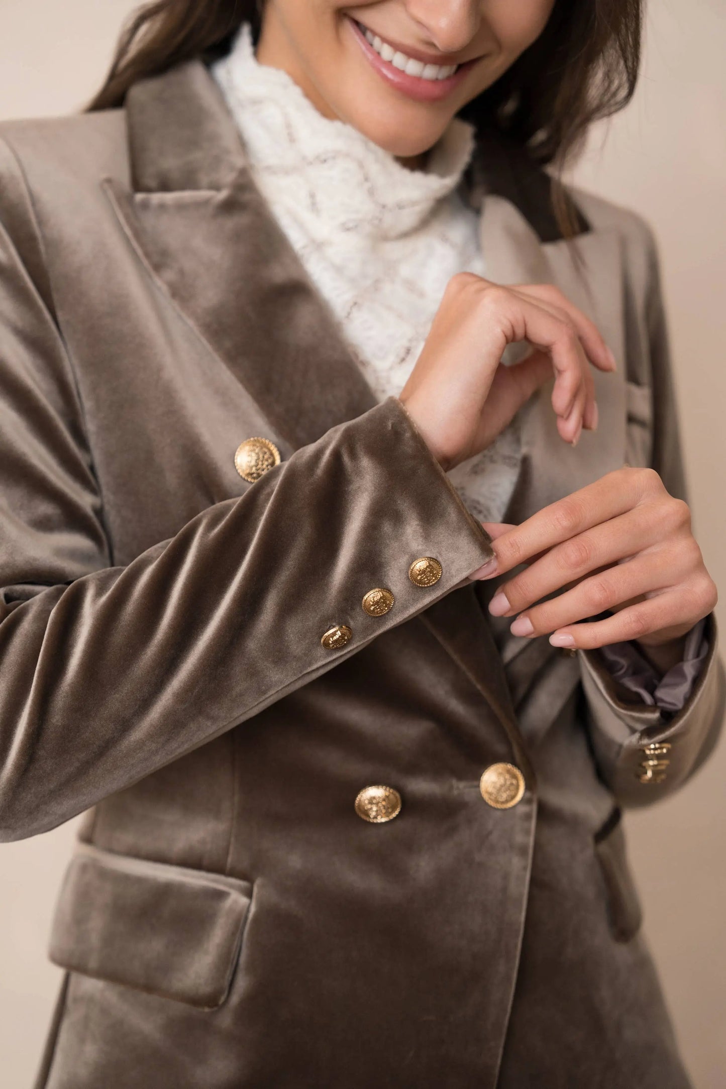 Double-breasted velvet blazer with gold buttons - KHAKI The Style Closet