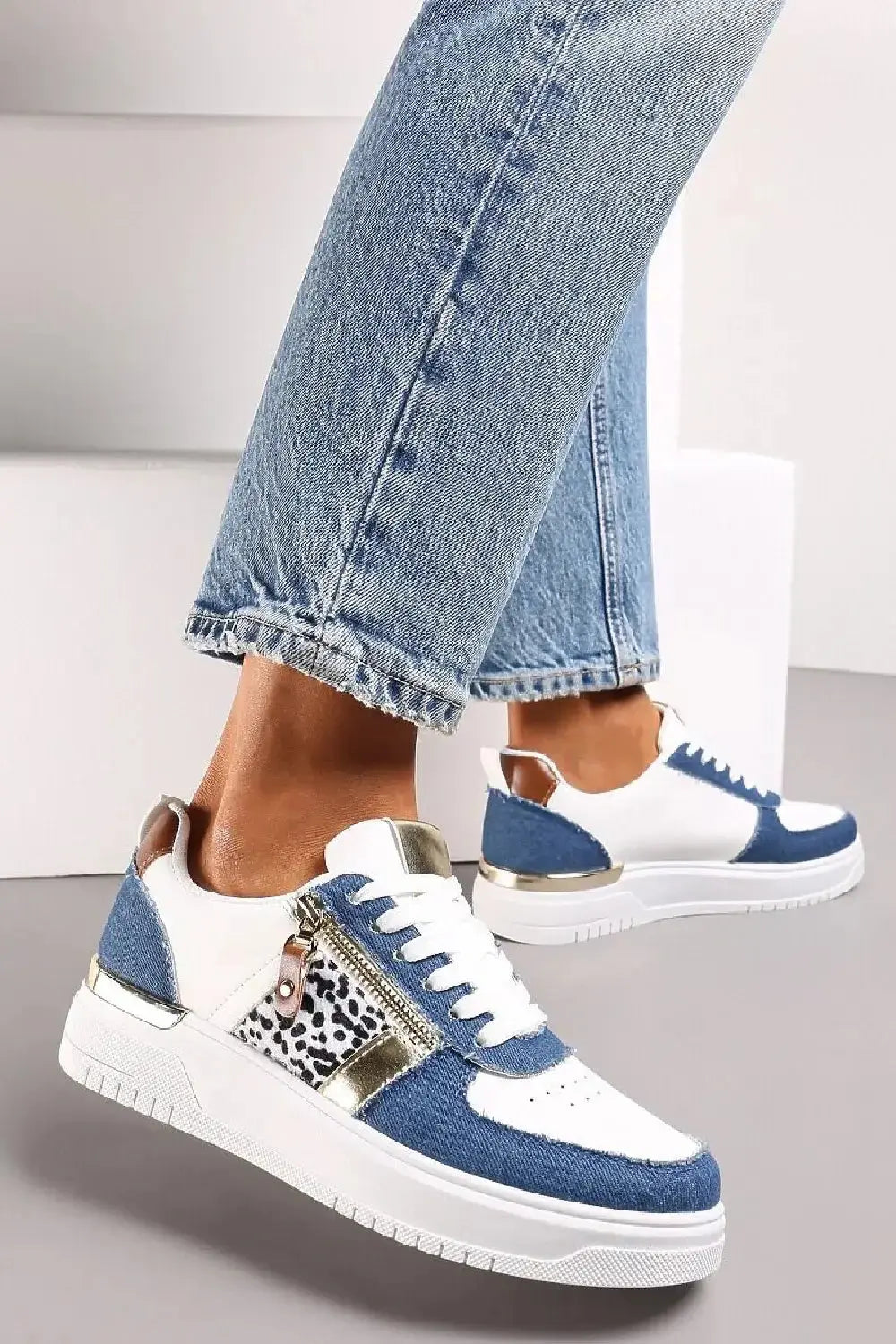 BLUE /WHITE LACE UP ZIP DETAIL TRAINERS - The Style Closet