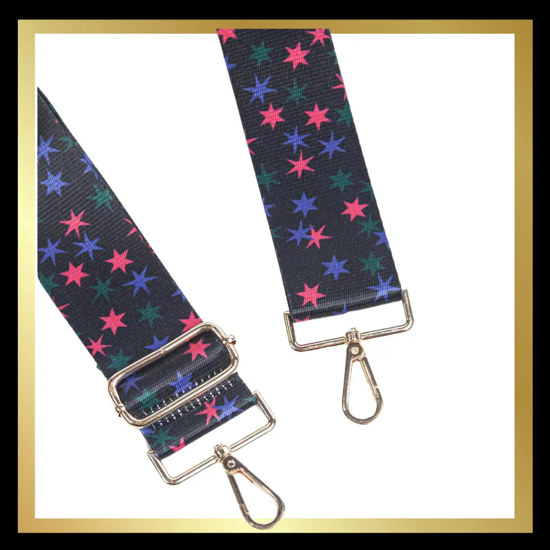 Pink/Blue/Green Star handbag strap (black background) The Style Closet