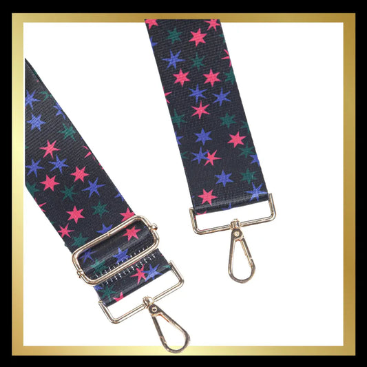 Pink/Blue/Green Star handbag strap (black background) The Style Closet