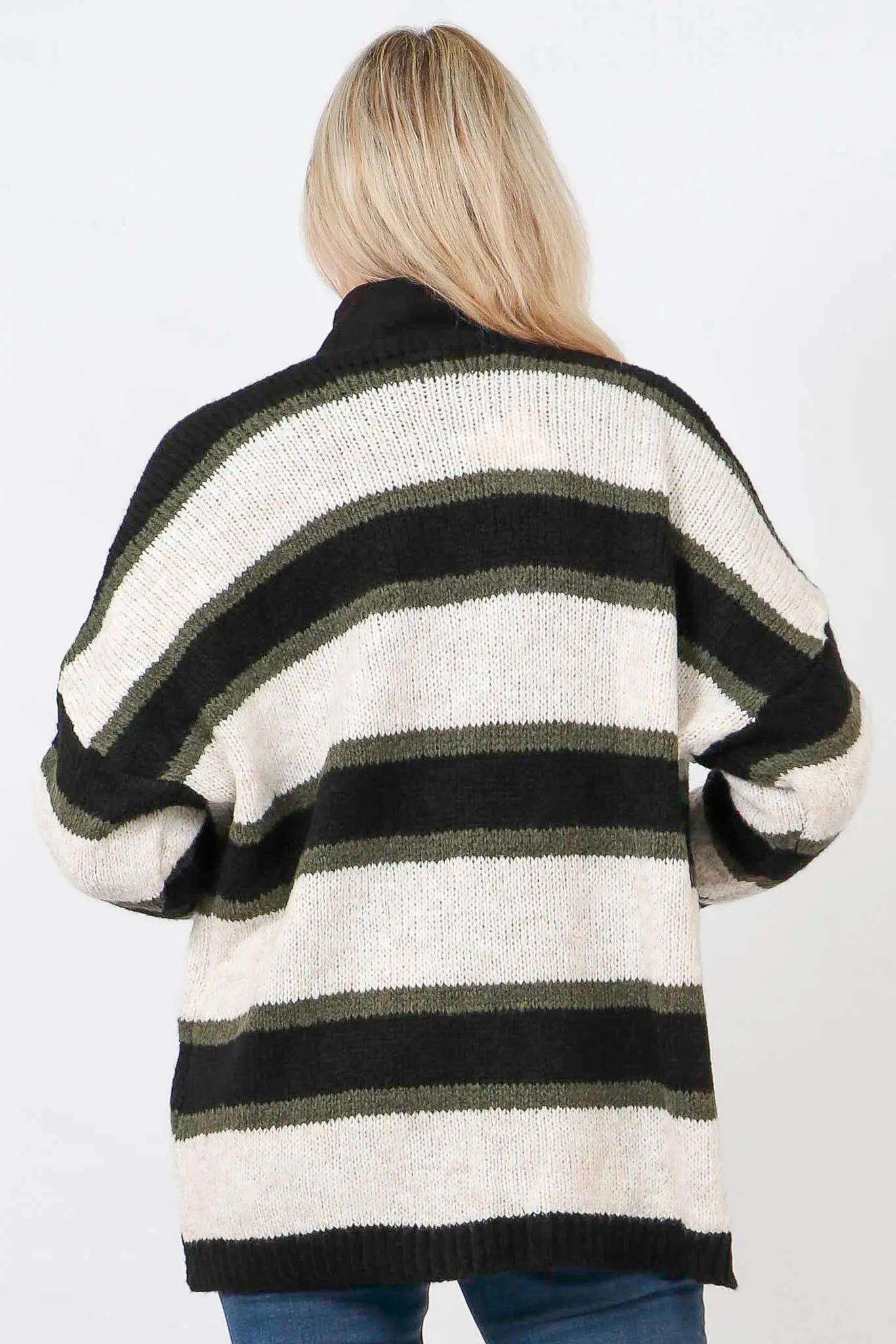Cream Khaki Colourblock Striped Cardigan: One-size (8-18) The Style Closet