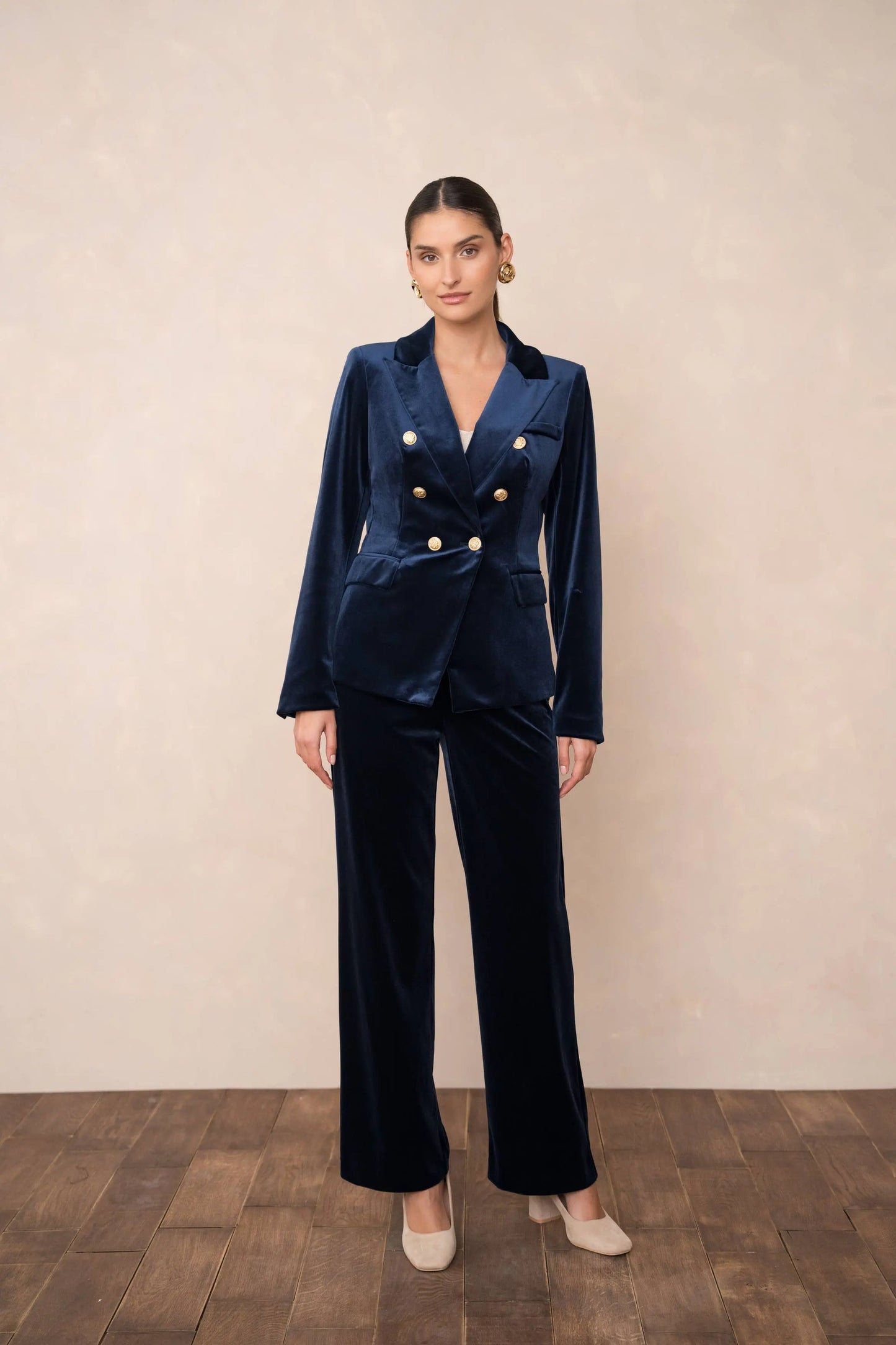 Double-breasted velvet blazer with gold buttons - KHAKI The Style Closet