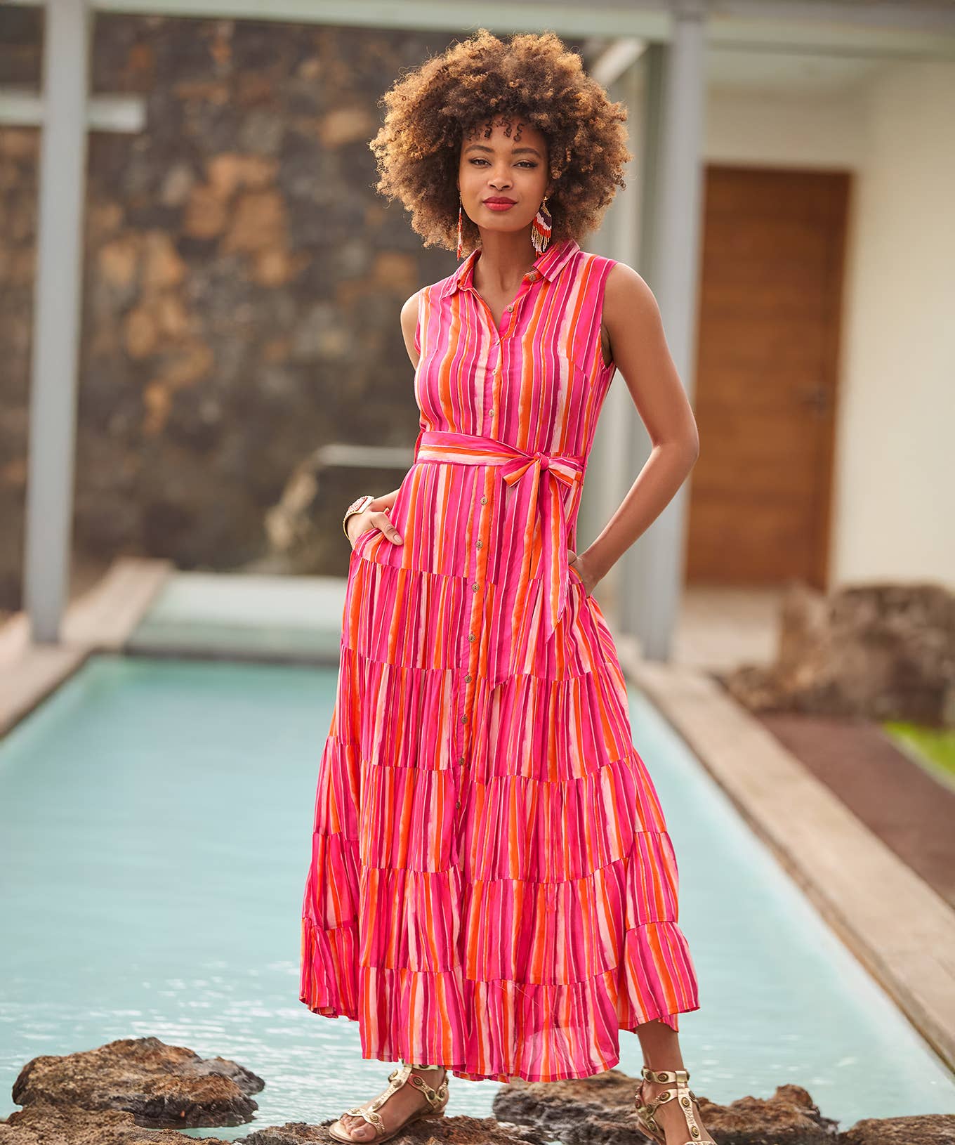 Lucy Stripe Sleeveless Maxi Dress: Pink