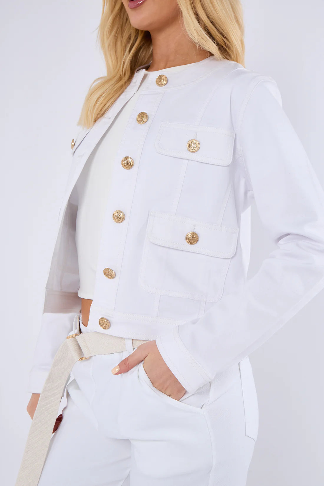 White Collarless Stretch Denim Jacket