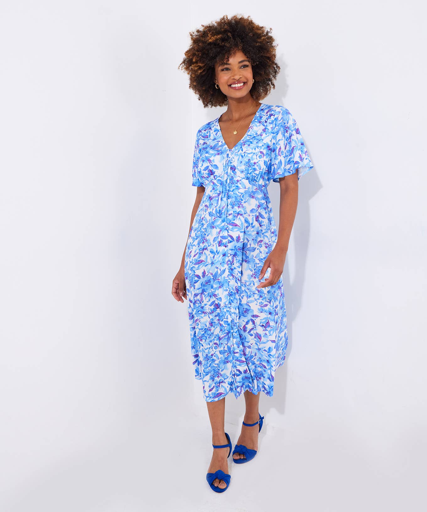 Olivia Floral Printed Midi Dress: Blue